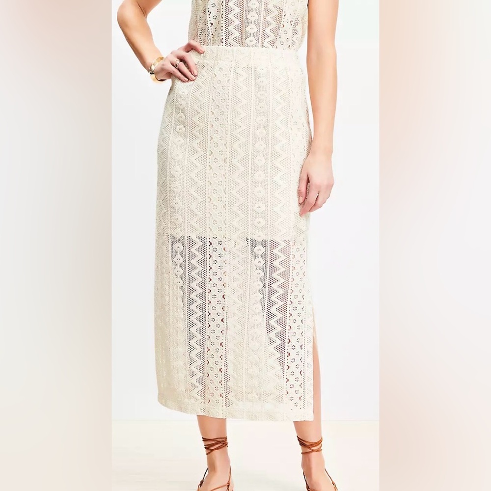 LOFT Beach Geo Crochet Midi Skirt in Natural NWT Small
